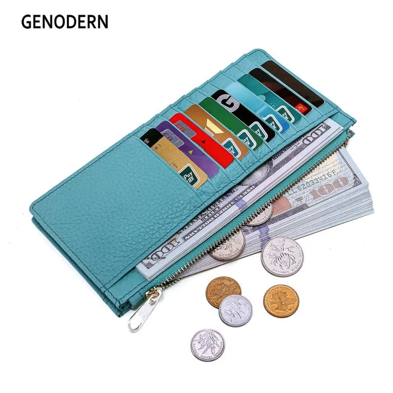 GENODERN Simple Ultra-Thin Women's Long Wallet Genuine Leather Zipper Wallet Cowhide Large Capacity Card Holder Wallet