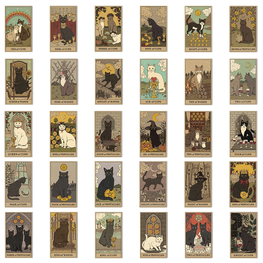 10/30/72PCS Cute Cartoon Mystic Cat Tarot Card Stickers Divination Aesthetic Decal Scrapbook Laptop Phone Car Graffiti Sticker