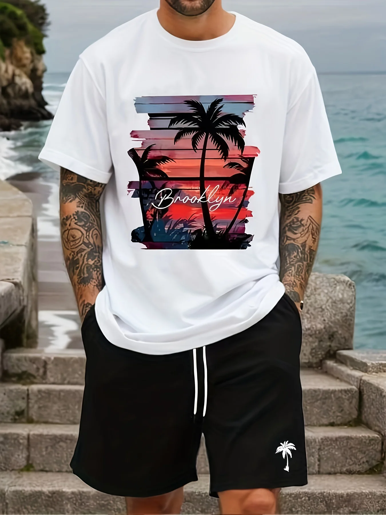 Coconut Tree Sunset Print Pattern Casual Daily Men's and Women's Commuting Top Round Neck T-shirt Soft Skin Friendly Top