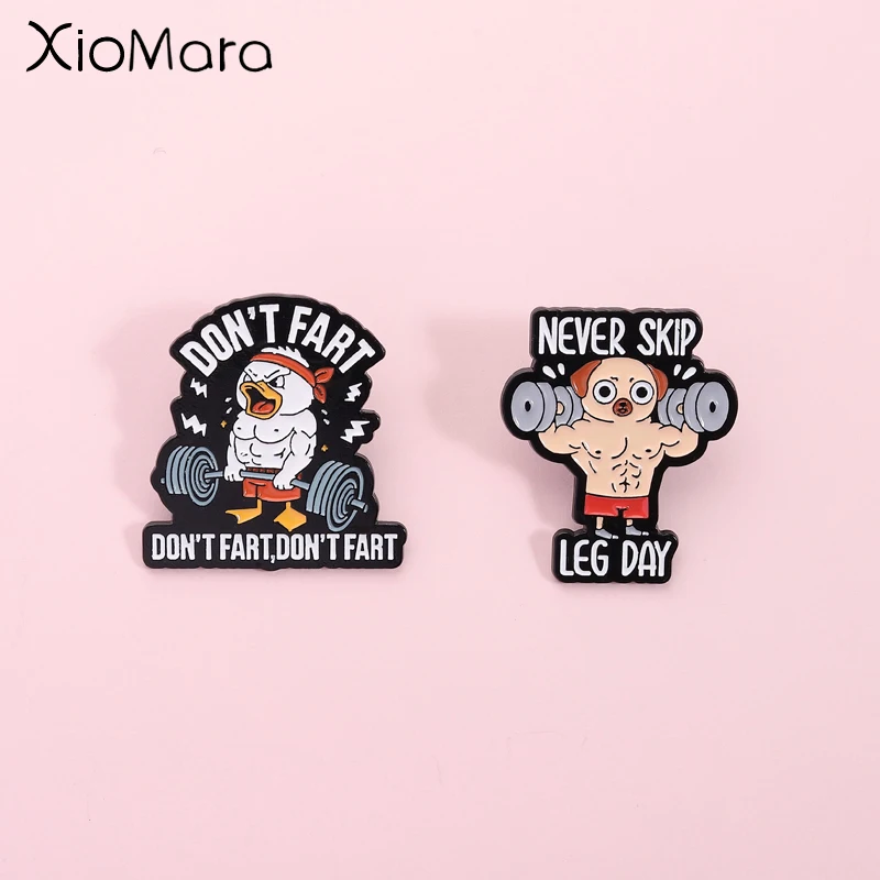 Funny Fitness Animal Enamel Pins Muscle Dog Duck Dumbbell Gym Text Decorative Fun Fitness Badge Unisex Daily Accessory Gift