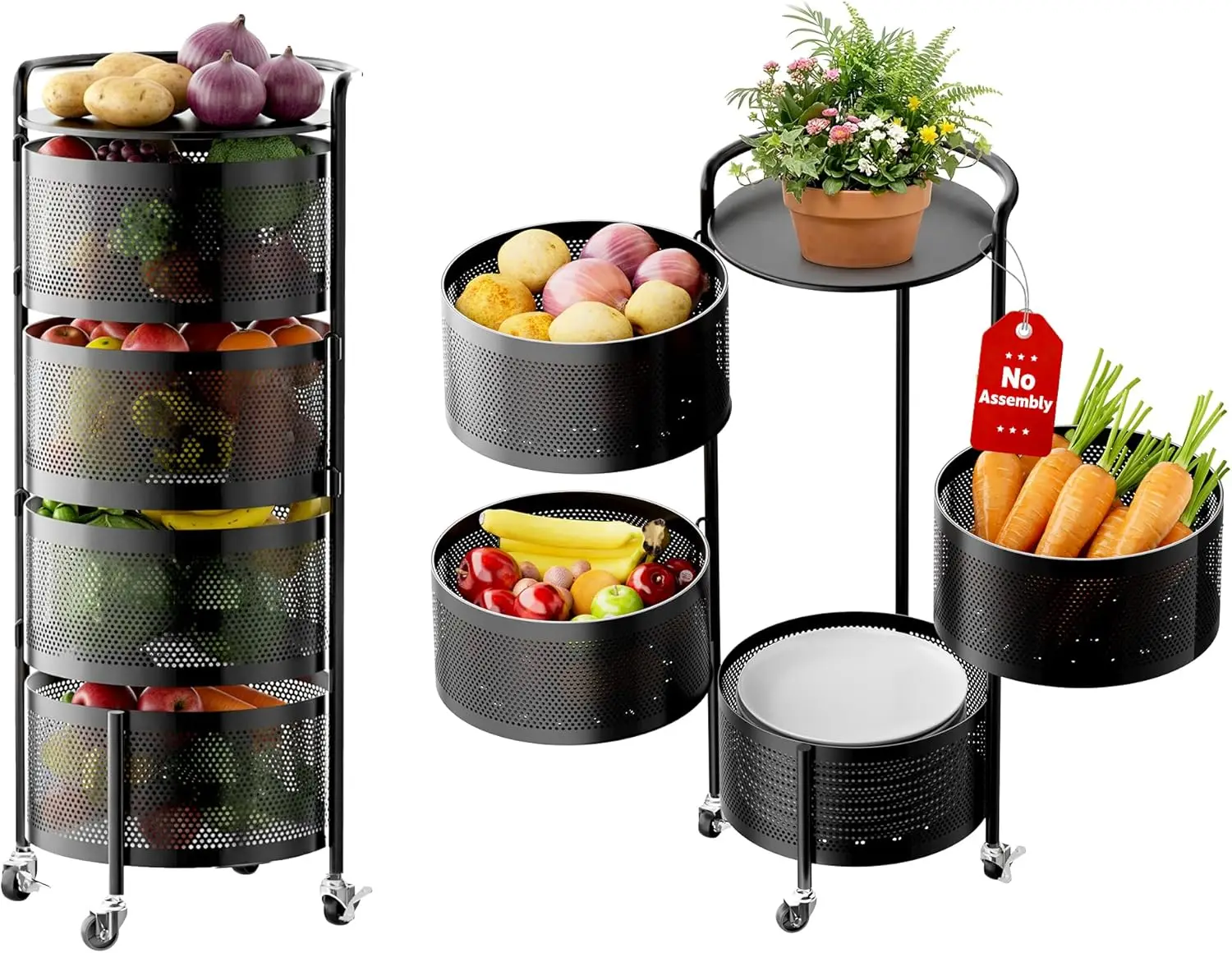 

4-ярусная вращающаяся тележка для хранения овощей на колесах, кухонный органайзер из прочной углеродистой стали для продуктов, черная