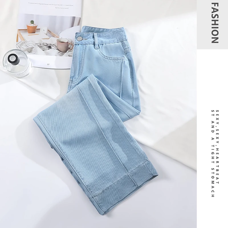 

Summer Thin Ice Silk Jeans for Women Casual High Waist Straight Leg Ankle-Length Denim Pants 2025 New Fashion Slim Blue Jeans