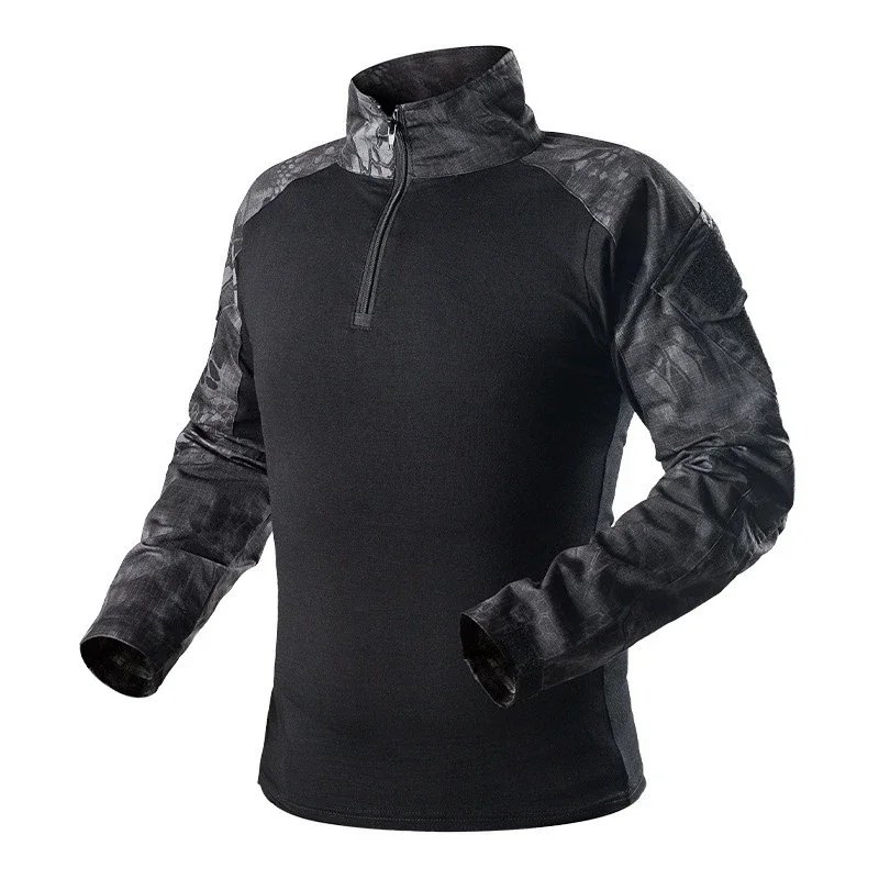 Men's Long Sleeve Combat Shirt 1/4 Zipper Ripstop Cotton Tactical Shirts Navy Blue Camoufalge Airsoft T Shirts
