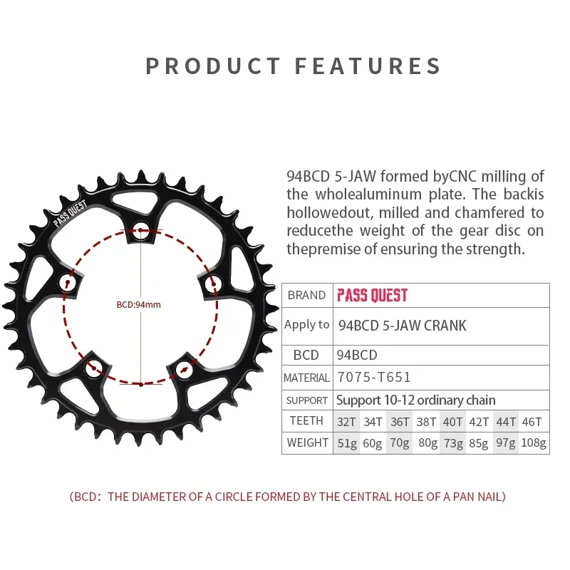 PASS QUEST 94 bcd chainring 5 bolt ROUND Narrow Wide Chainring 32/34/36/38/40/42/44/46T for 10/11/12 speed bike chain