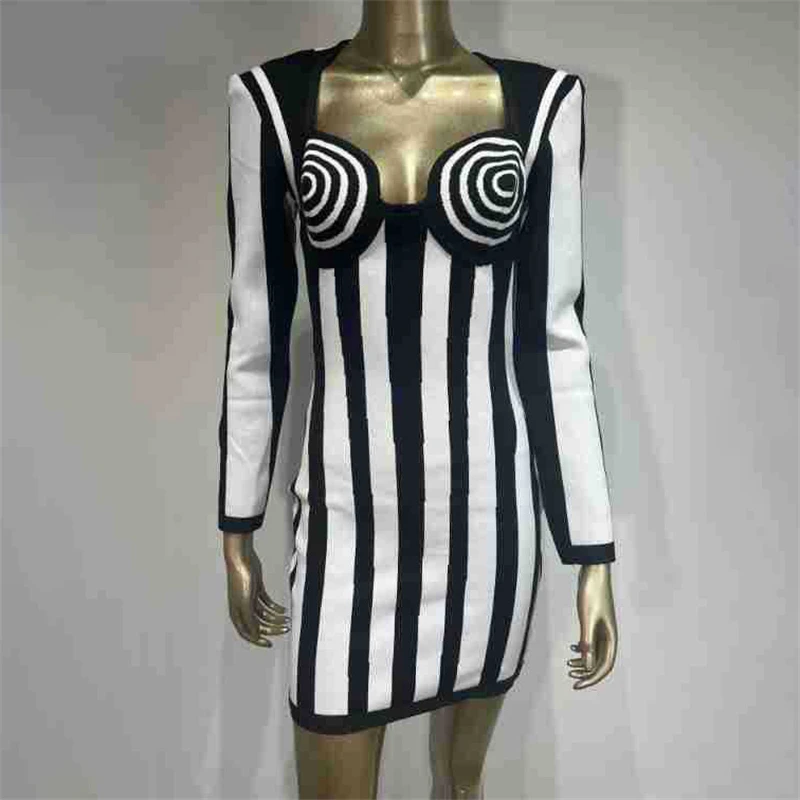 Autumn new style square collar black and white striped knitted long sleeve dress y2k high quality Fashion elasticSlim mini skirt