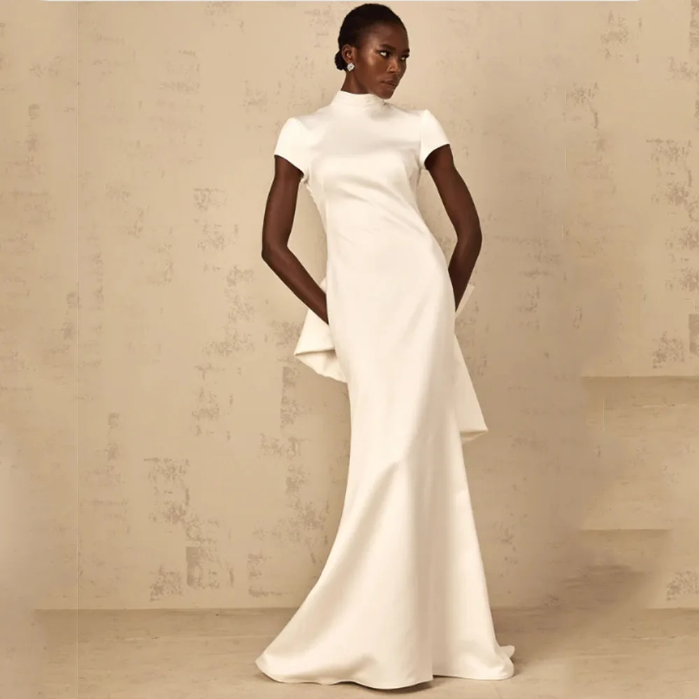 

Mermaid Ivory Modern Satin Wedding Dress For Women Floor Length Short Sleeves Wedding Gown Back Cut Out With Bows Bridal Gown