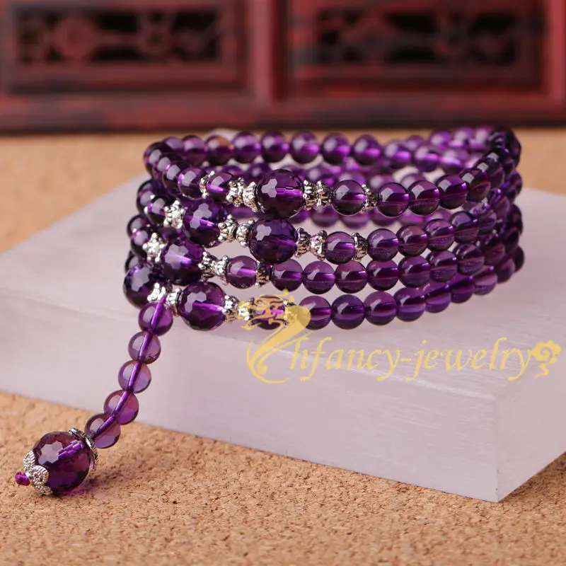 6mm Amethyst Bracelet 108 Beads Men Charm Relief Cuff Jewelry Eco-friendly Health Trendy Fragrant Unisex Mala