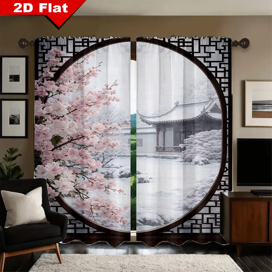 2pcs Cherry Blossom Snow Temple Curtains Asian Zen Garden Living Room Bedroom Home Decor Window Drapes