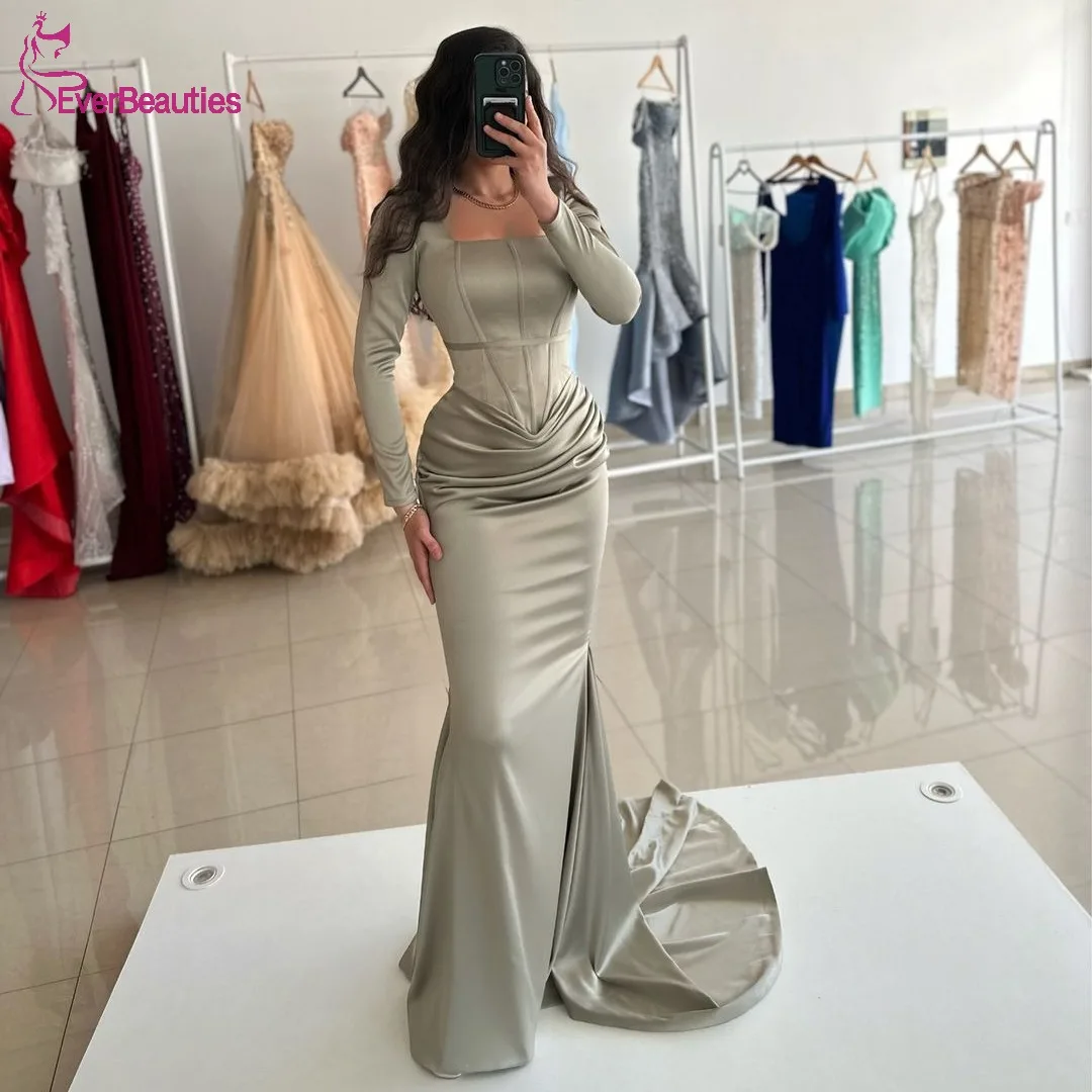 Prom Dresses Long Sleeves Mermaid Corset Formal Party Dress Long for Women Satin Square Neck Vestidos De Gala