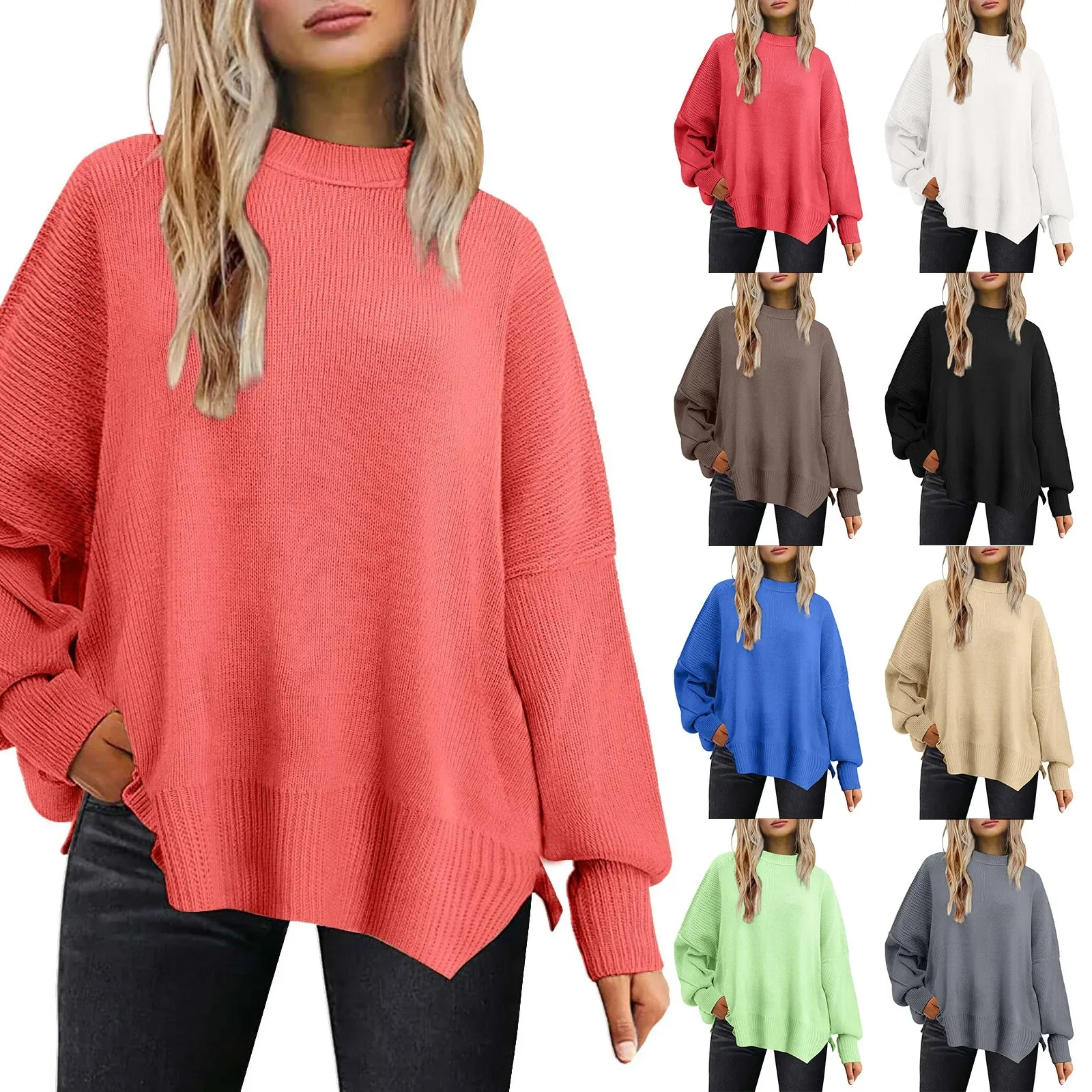 

Women Oversized Slit Knit Sweater Lady Casual Thick O Neck Long-sleeved Pullover Sweaters Autumn Winter Female Lazy Warm Jumper