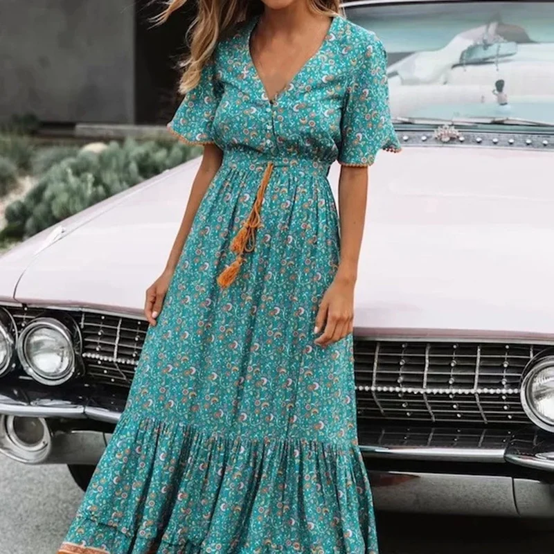 Frauen Sommer Blumen druck Kurzarm Boho Maxi Kleid V-Ausschnitt hohe Taille Kleid Quaste gebunden Retro Cotta gecore Strand lange Kleider