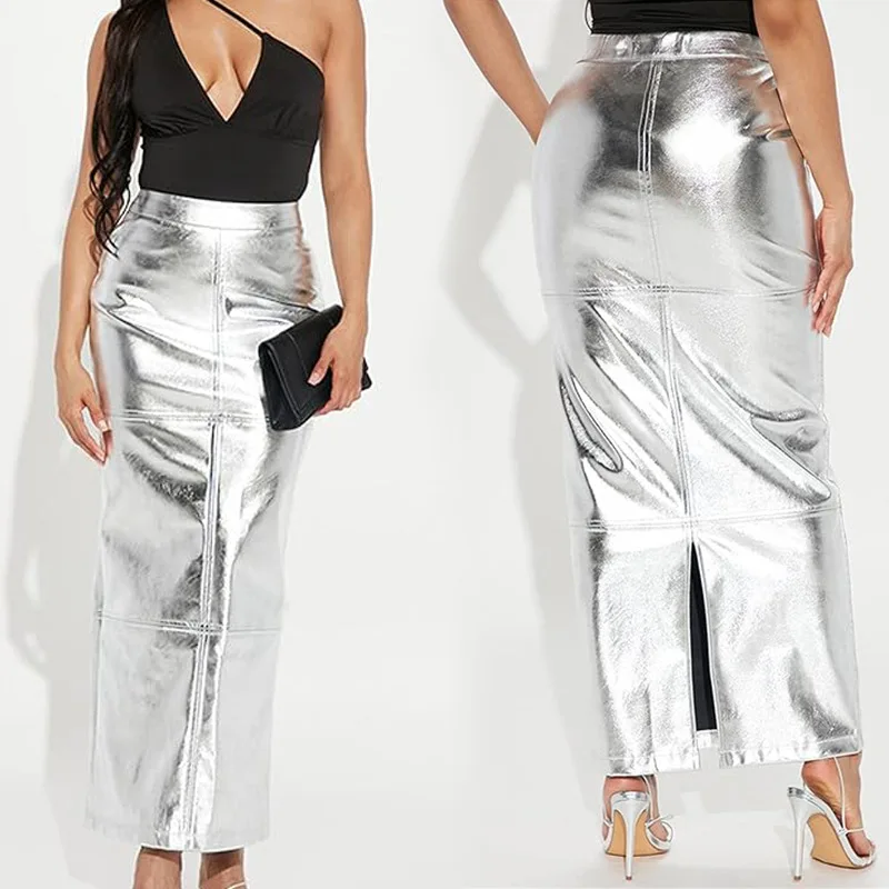 

Women's Patent Leather Half Skirt Autumn and Winter New Bright Bread Buttocks Half Skirt Silver High Waisted Split Skirt