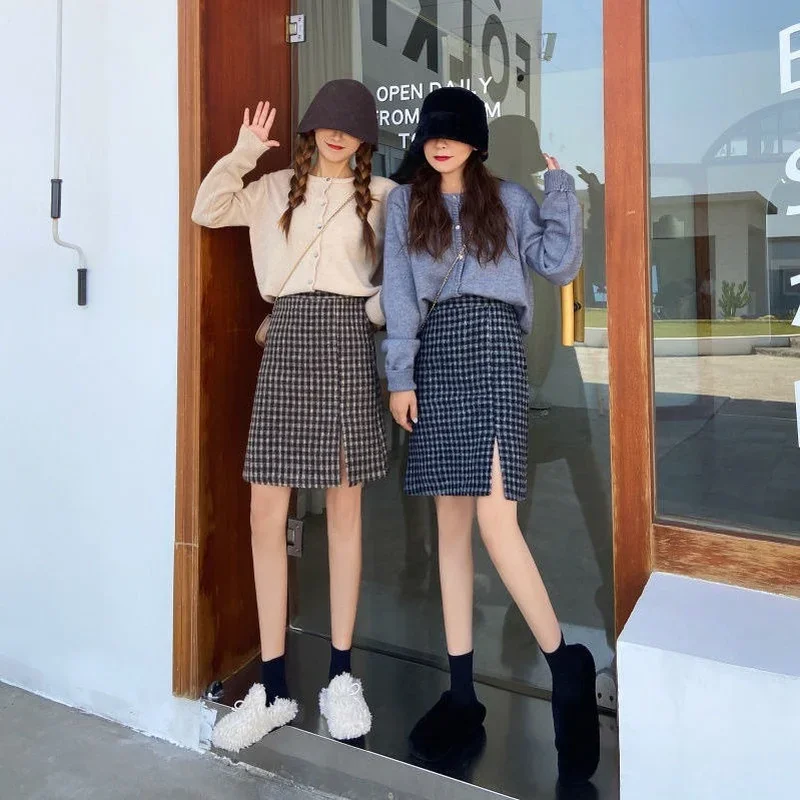 

Skirts Women M-3XL Plaid Design Side-slit Female Elegant Autumn Leisure All-match Simple Vintage Streetwear Fit Korean Style Ins