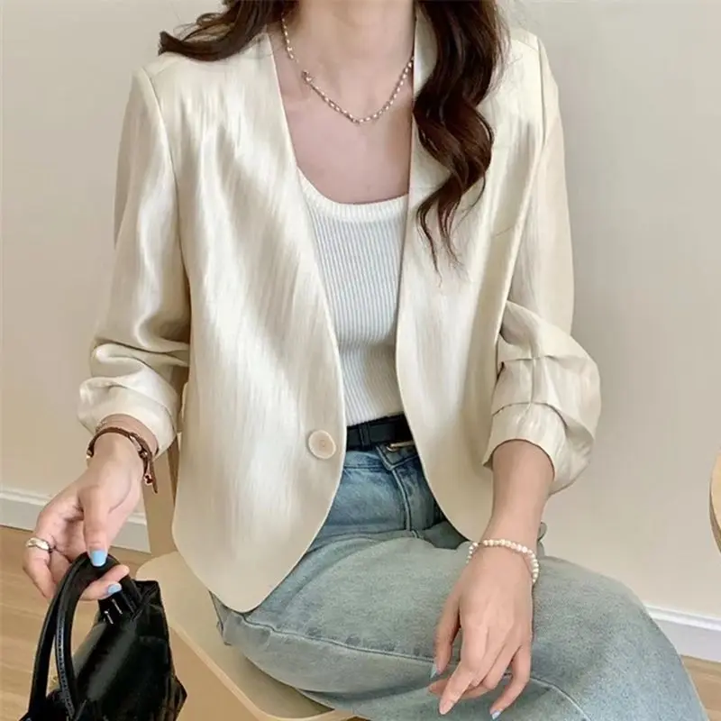 Korean Simplicity Summer Women\'s Solid V-Neck Single Button Fashion Office Lady Pleated Three Quarter Slim Blazer Coats Tops