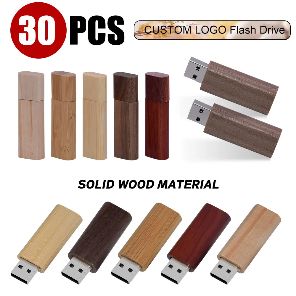 

30PCS/LOT USB Flash Drive Wooden Pen drive Wood USB2.0 Free custom logo 32GB 64GB Memory Stick for Gift 4GB 8GB 16GB