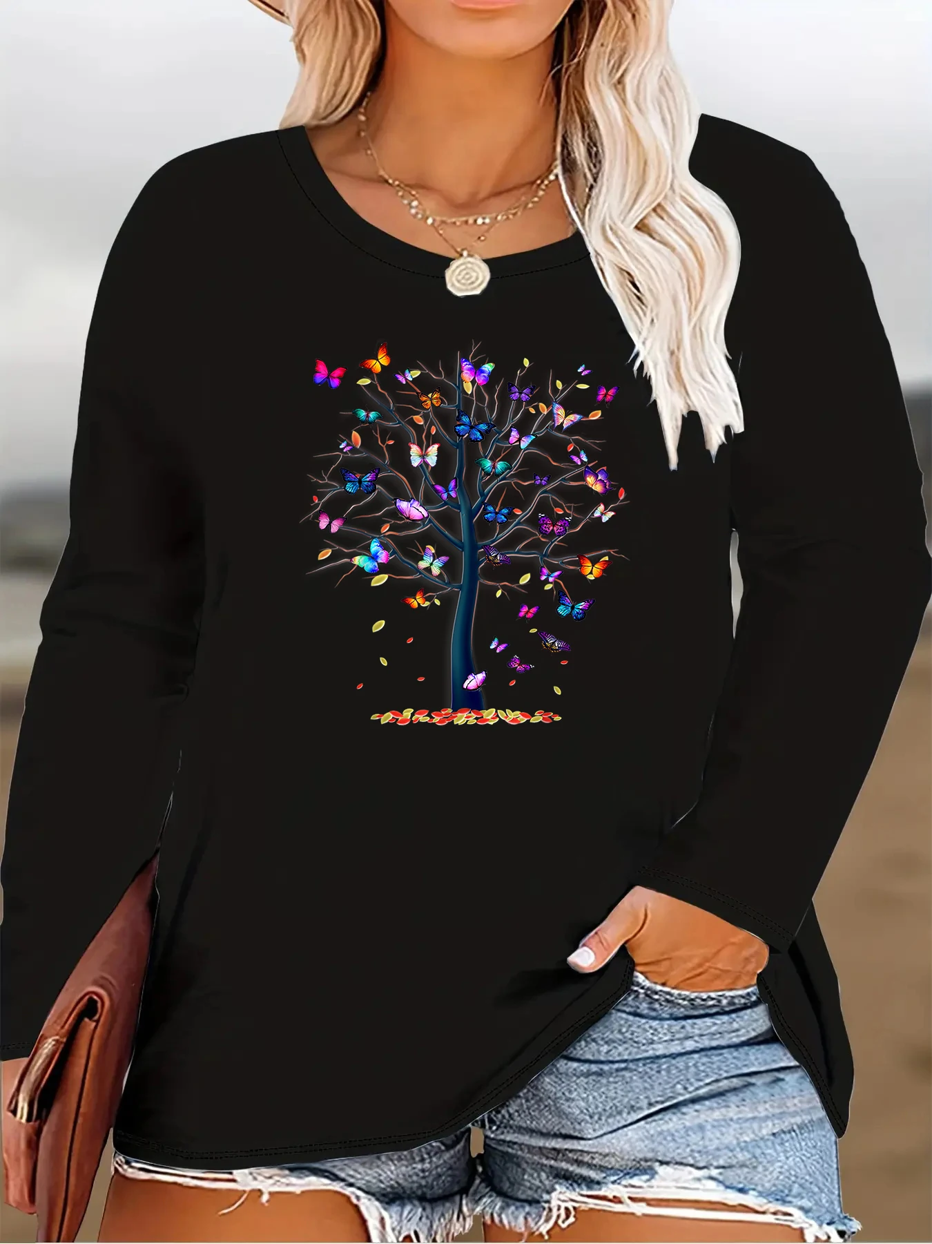 Plus-Size Women\'s Autumn/Winter Long Sleeve T-Shirt, Beautiful Colorful Butterfly Tree Print, Retro Neutral Casual Style, Round