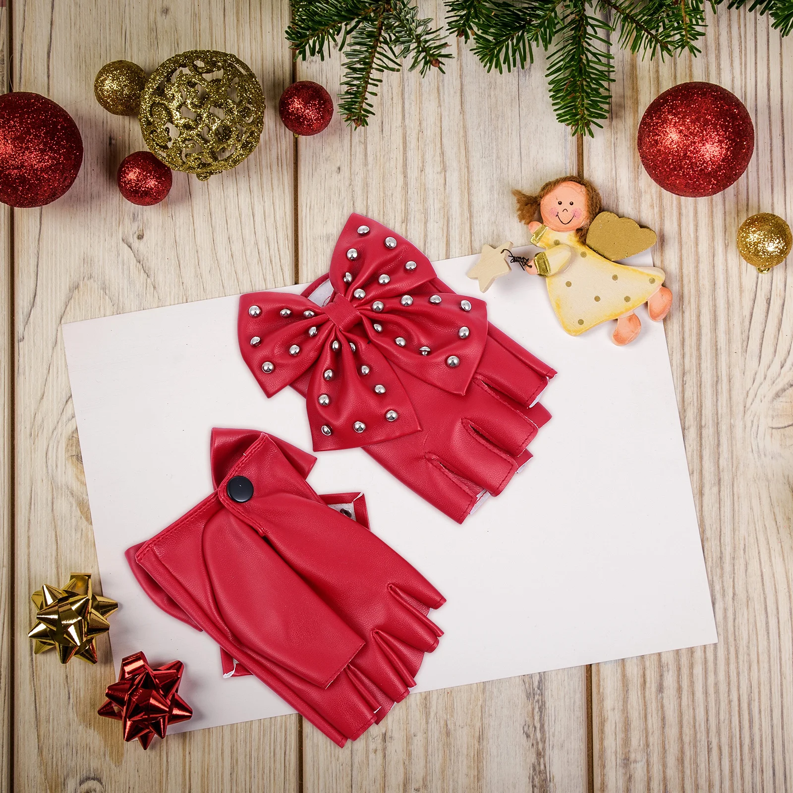 1 par de guantes Retro con remaches y lazo de medio dedo, guantes para escenario de Navidad y Año Nuevo, guantes con remaches