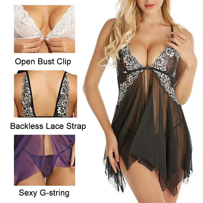 

Women Sexy Lingerie Erotic Underwear See-through Lace Pajamas Sleepwear Nightdress + Thong Sexy Costumes Sex sheer Dress skirt