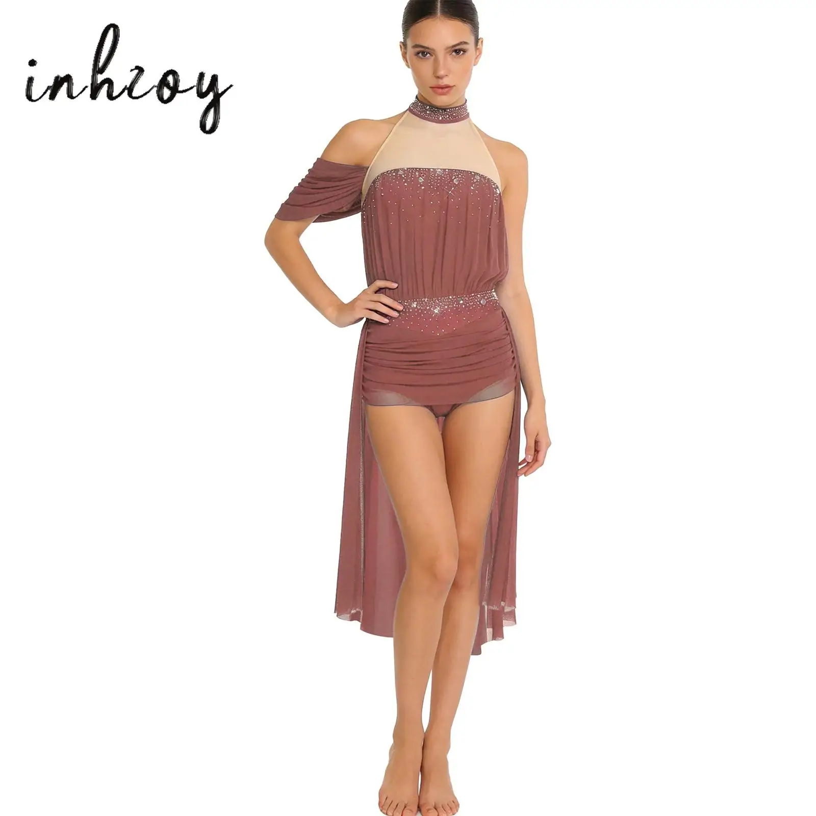 

Womens Latin Tango Dance Dress Halter Backless Rhinestoned Ruched Mesh Irregular Hem Bodysuit Dress for Practice Performance