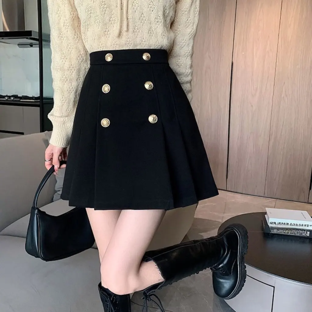 

Winter Thickened Woolen Pleated Skirt High Waist Slimming A-line Short Half Skirt New Style for Women