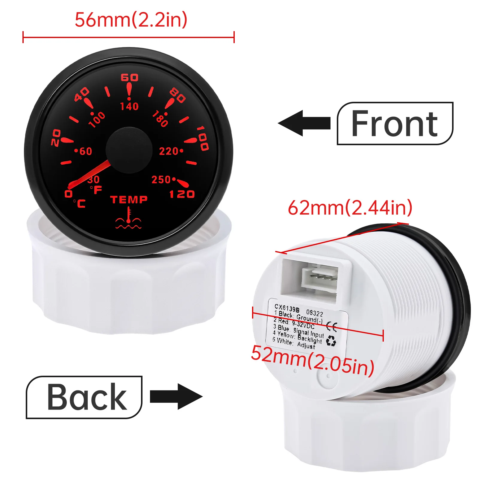 52mm Water Temperature Gauge 0-120 ℃ Water Temp Meter For Marine Boat Car 7 Color Backlight Water Temp Indicator Customized