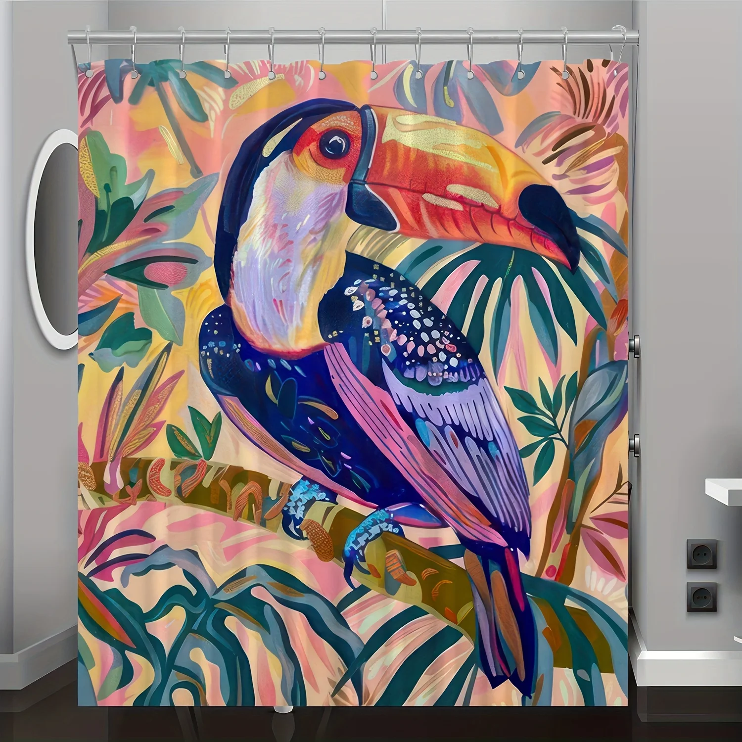 

1 шт., занавеска для душа с ярким принтом тукана и тропических растений — машинный полиэстер, всесезонная ткань, в комплект входят крючки