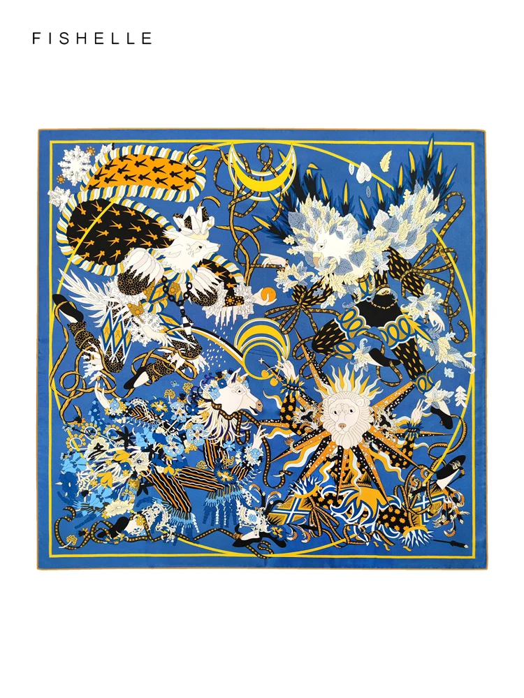 Blue dreamy animals 100%natural silk scarf square head scarves twill luxury gift women wrap bandana hijab shawl lady neckerchief