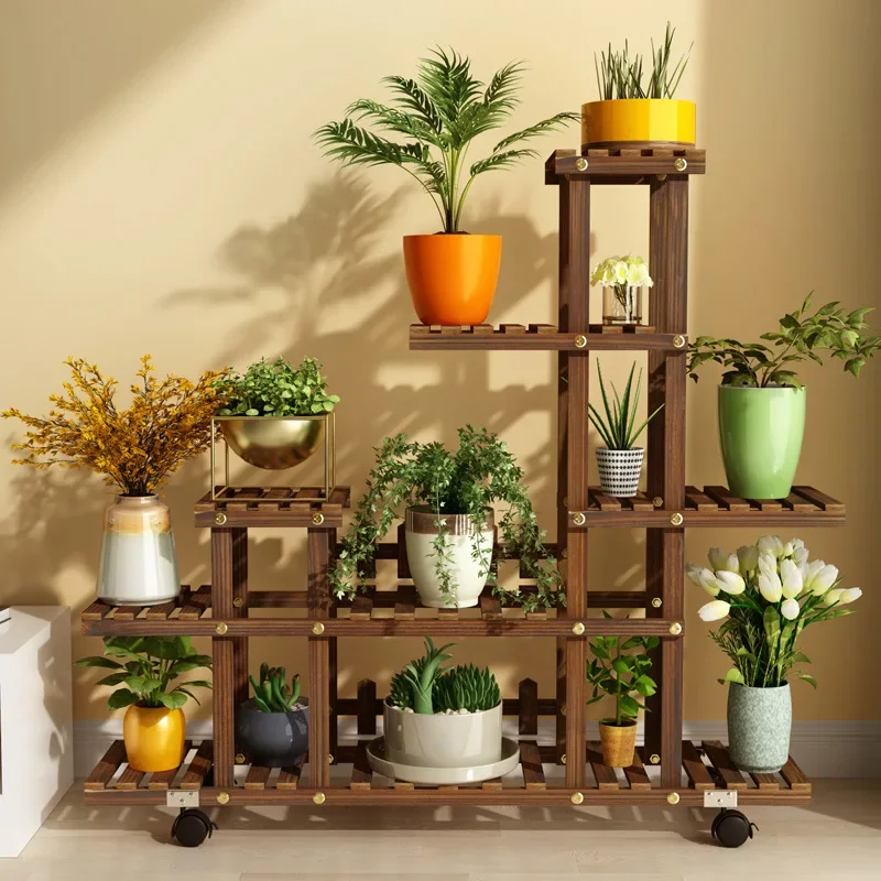 Rak Bunga Balkon Rumah Tangga Kayu Solid Multi-layer Rak Pot Sukulen Indoor Outdoor Ruang Tamu Rak Pot Gantung Bonsai Meja