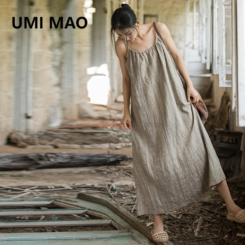 

UMI MAO Ramie Tie Dyed Adjustable Long Dress Elegant Loose Retro Autumn Winter Slimming Style French Casual Women's Dresses