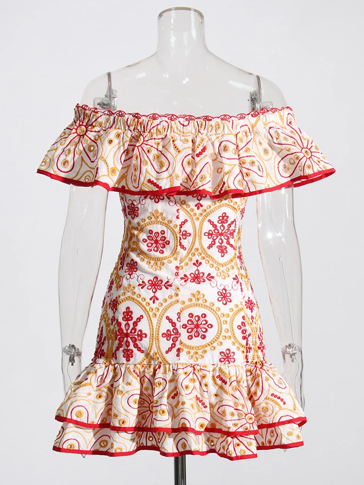 VGH Fora Do Ombro Strapless Vestidos Para As Mulheres de Slash Neck Borboleta Manga Alta Wasit Patchwork Ruffles Mini Emagrecimento Vestido Feminino