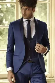 Blazer à Revers Châle Bleu Personnalisé pour Homme, Tenue de Mariage Formel, Coupe Cintrée, Smoking de Bal, 3 Pièces, Haute Qualité, 2024