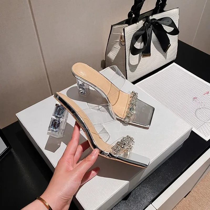 

Coarse-heeled Sandals for Women's 2025 Summer New Square-headed Open-toed Transparent Cool Slippers with Rhinestones