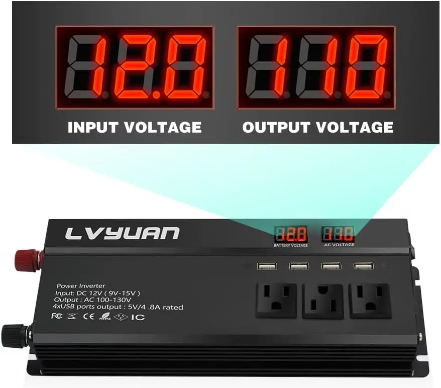 LVYUAN 1000W Car Power Inverter 12V To 110V 120V DC To AC Car Inverter With 3.1A USB Car Adapter, 4 Outlets, Battery Clips, Ciga