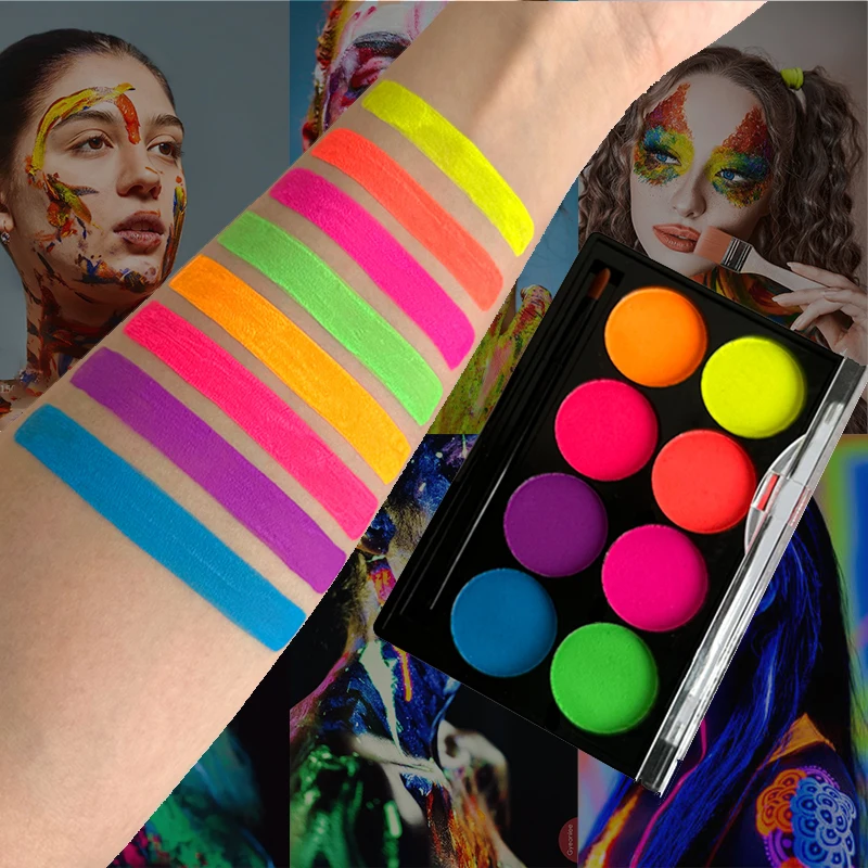 8-Color Fluorescent Adult Face Painting Kit,Makeup Palette with Brushes,Perfect for Carnival,Halloween,Costume, Creative Event