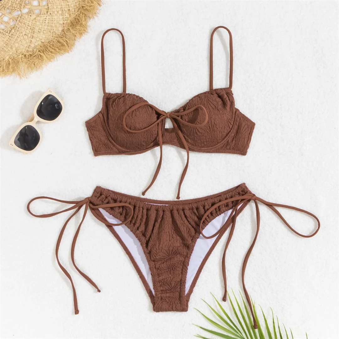 Gefalteter, mit Bügeln versehener, hoch geschnittener Bikini, Damen-Badeanzug, zweiteiliges Bikini-Set, Badebekleidung, Badeanzug, Modell V5807. – Detail 10
