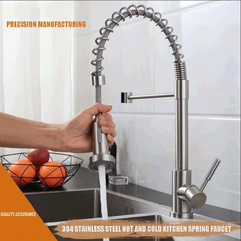 304 Stainless Steel Brushed Large Spring Universal Head Cold And Hot Kitchen Multi-Functional Washbasin Sink Faucet