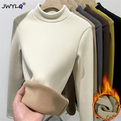 Winter Thicken Solid Color Half Turtleneck Tops Women Plush Velvet Lined Warm T Shirt Long Sleeve Bottom Blusas Fleece Clothes