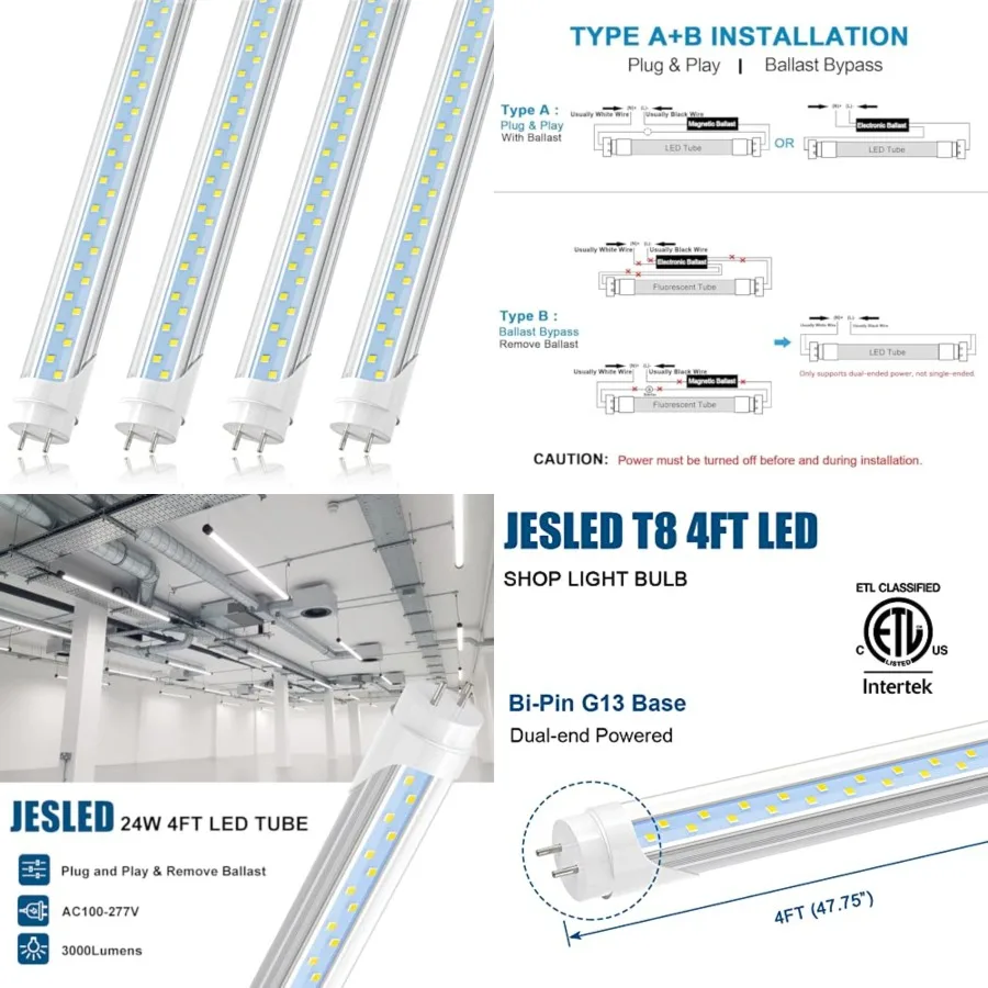 

T8 4Feet LED Type A+B Light Bulbs, 24W 3200LM, Plug and Play or Ballast Bypass, 4 Feet Flourescent Tube Replacement, ETL Listed