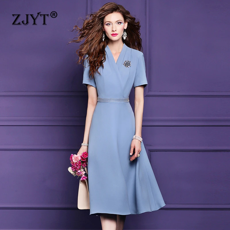 

ZJYT Ladies Summer Beading Midi Dress Women 2024 Fashion Short Sleeve V Neck Solid Plus Size Office Party Dresses Elegant Robes