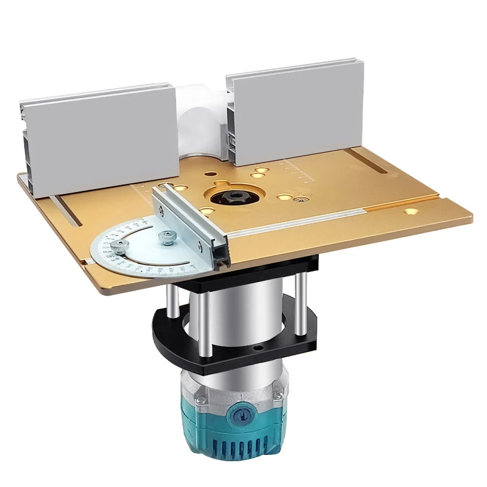 Router Lift and Aluminum Router Table Insert Plate W/ Sliding Fence and Miter Gauge for Wood Router Trimming Machine WorkBenches