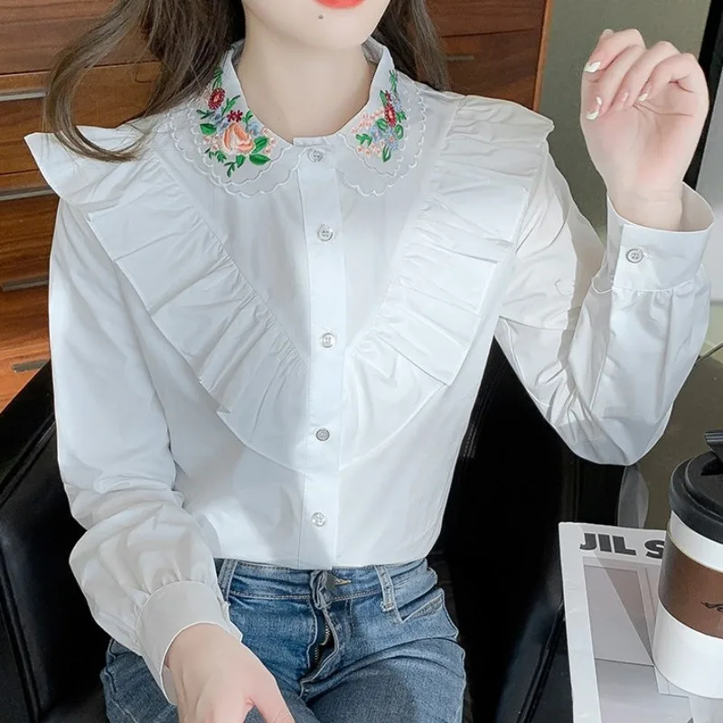 Women\'s Spring Autumn New Shirts Fashion Commute Spliced Ruched Button Peter Pan Collar Long Sleeve Embroidered Solid Blouses