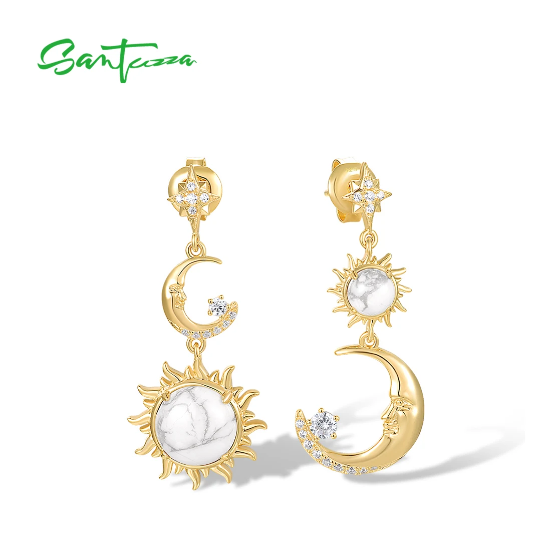 

SANTUZZA Real 925 Sterling Silver Drop Earrings For Women Sparkling White CZ /Magnesite Exquisite Sun And Moon Fine Jewelry