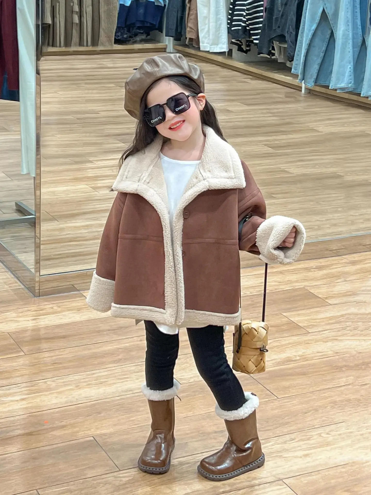 2024 winter kids girls thickened warm lapel fur integrated suede jacket coat