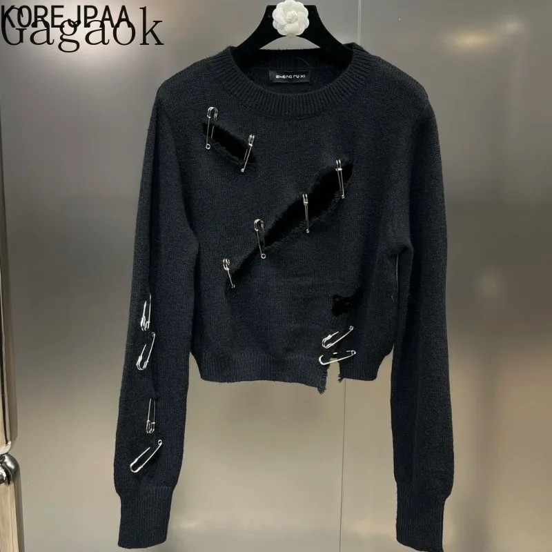 Gagaok2024 Autumn Pullover Sweater Streetwear Women Round Neck Long Sleeve Top Chic Piercing Sexy Pin Knitted Pull Femme