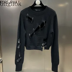 Gagaok2024 Autumn Pullover Sweater Streetwear Women Round Neck Long Sleeve Top Chic Piercing Sexy Pin Knitted Pull Femme