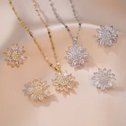 Luxury Shiny Zircon Dailsy Sunflower Stud Earrings Necklaces for Women Lady Stainless Steel Jewelry Set Accessories Gifts