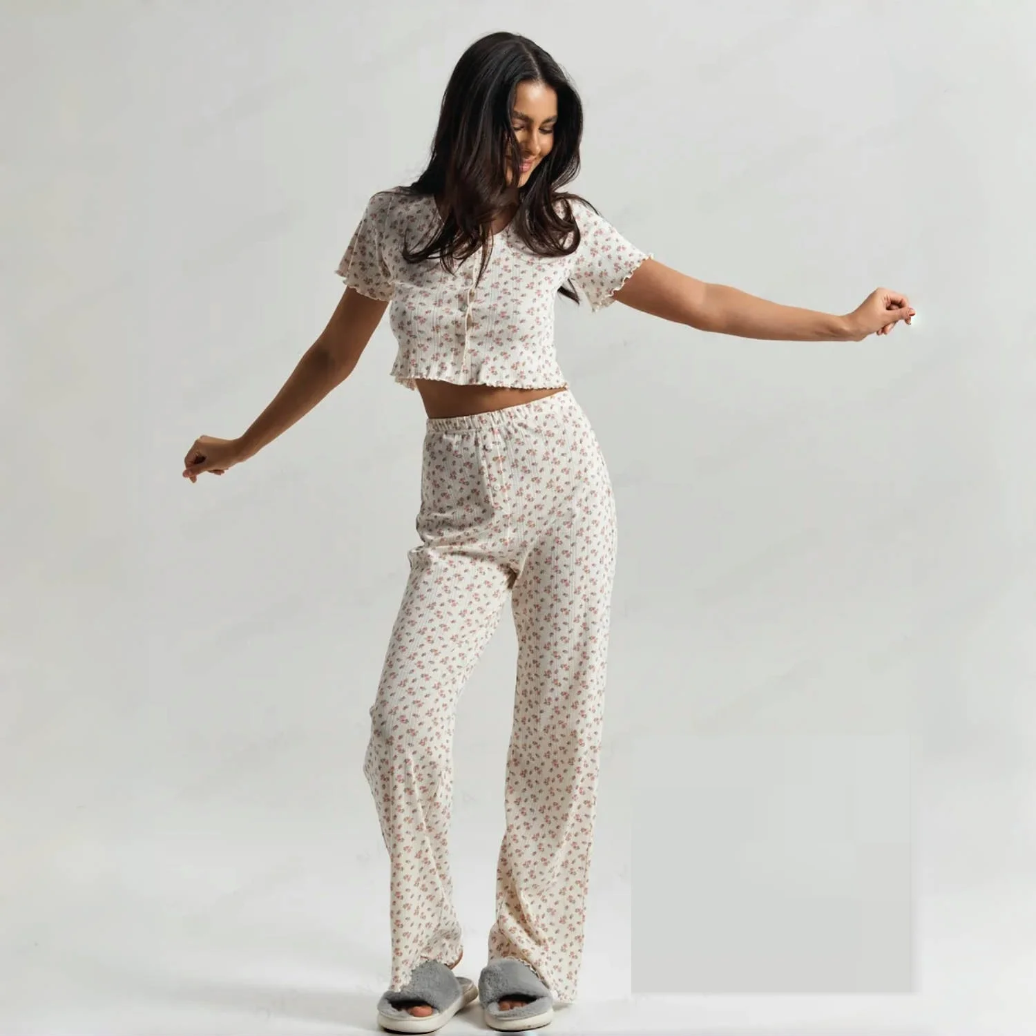 طقم ملابس نوم نسائي غير رسمي بأكمام قصيرة وسراويل طويلة مكون من قطعتين ملابس منزلية مريحة برقبة دائرية وأزرار عصرية #5