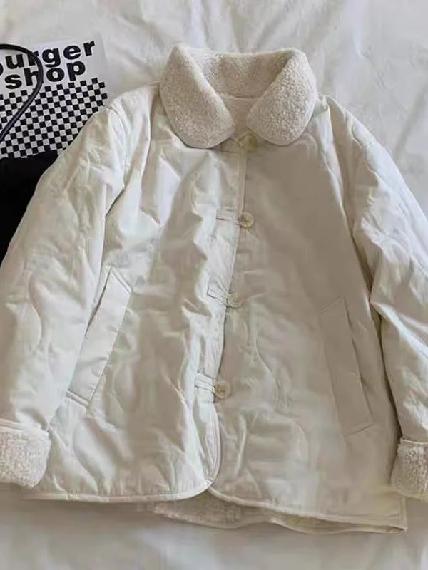 

High-End Women's Double-Sided Wear Warm Lamb Fur Button Loose Versatile Retro Cotton Jaet Coat Korean Sle Thiened Long ...