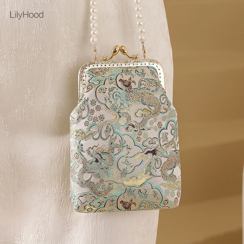 

Vintage Fabric Mobile Phone Small Size Kisslock Side Bag for Women Chinese Stylish Victorian Evening Pearl Luxury Shoulder Bag