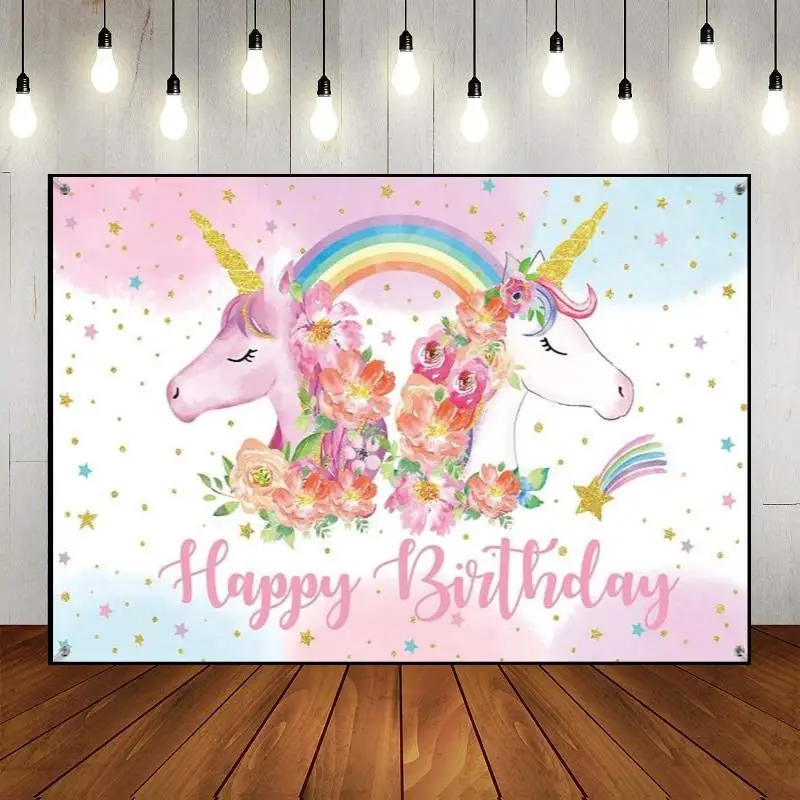 Cartoon Fantastic Rainbow White Galaxy Unicorn Theme Happy Birthday Background Photography Backdrops Party Backdrop Wall Photo